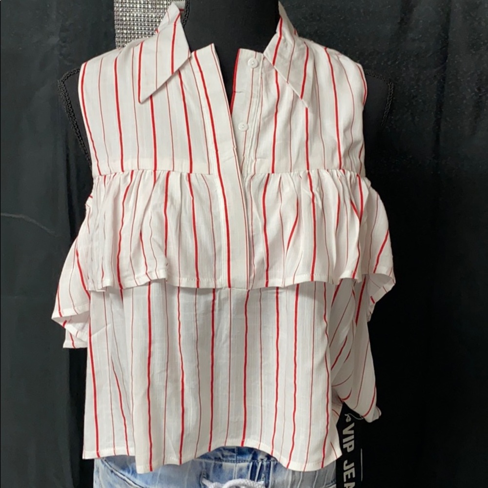 MEEK TOP BLOUSE RED  WITH STRIPES LINES Size S NWT - Picture 2 of 5